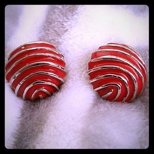 Vintage Silver and Red enameled clip on earrings